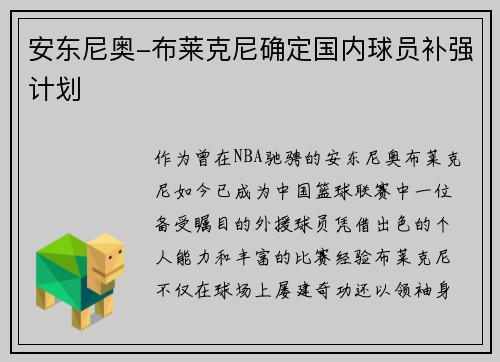 安东尼奥-布莱克尼确定国内球员补强计划
